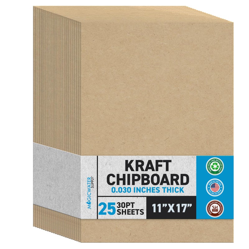 MagicWater Supply MagicWater Chipboard Sheet for DIY Projects - 11x17 Inch - 25 Pack - 30 pt - Heavy Duty Kraft (0.030 Inch Thick) Paperboard, for Scrapbooking, Books, Picture Frame Backing, Arts Project & Crafts - Image 1